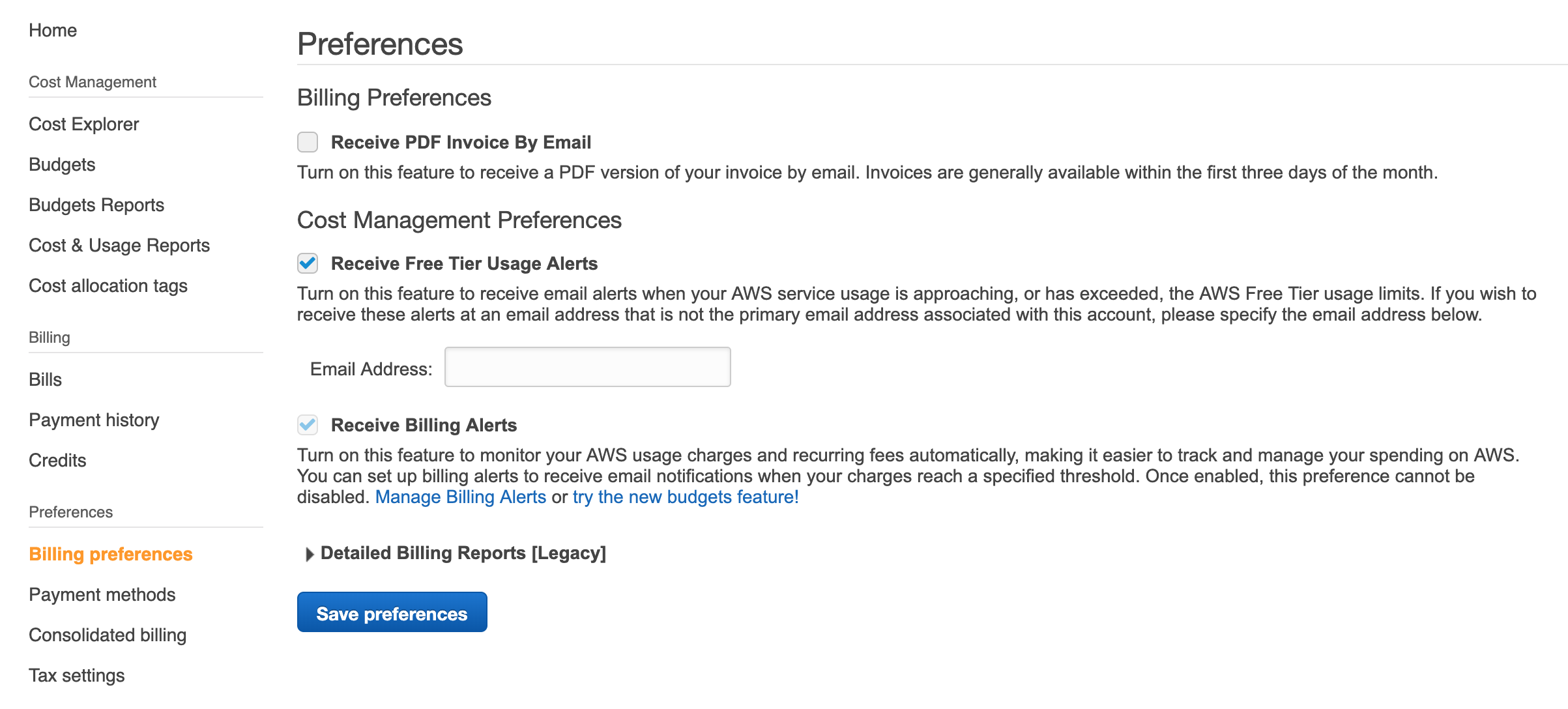 Preference Screen - AWS Console